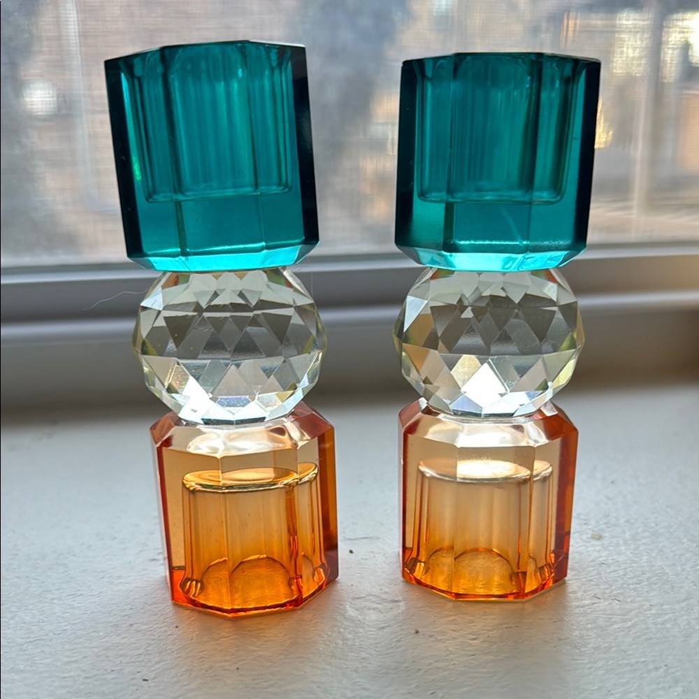 Blue and Orange Glass Candle Holders Accents